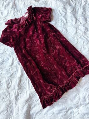 Trish Scully Child Burgundy Maroon Velvet Party Dress Floral Embroidered 12